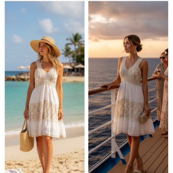 NWT Shira White 100% Cotton Crochet Smocked Gold Beach Cover-up Dress Free Size - Picture 3 of 15